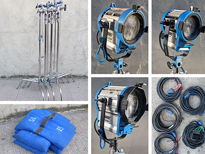 Picture of Any Hot ARRI Lights (4) and stands + extension cords + sand bags Package = $119